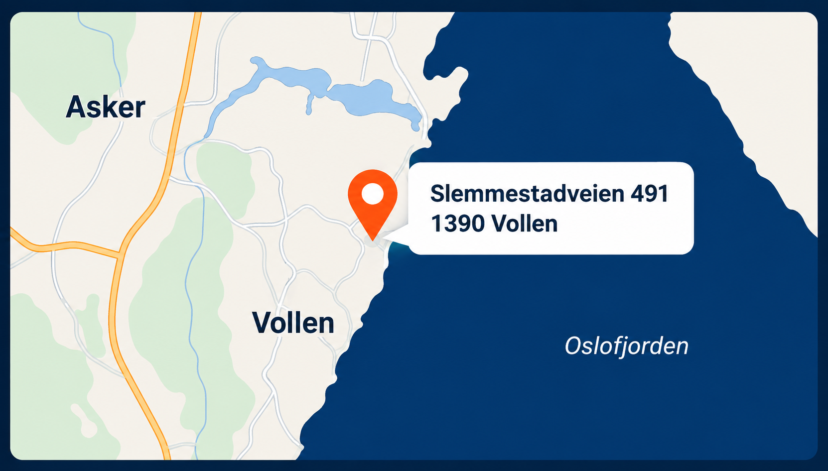 Serviceområde rundt Asker og Vollen med markør ved Slemmestadveien 491